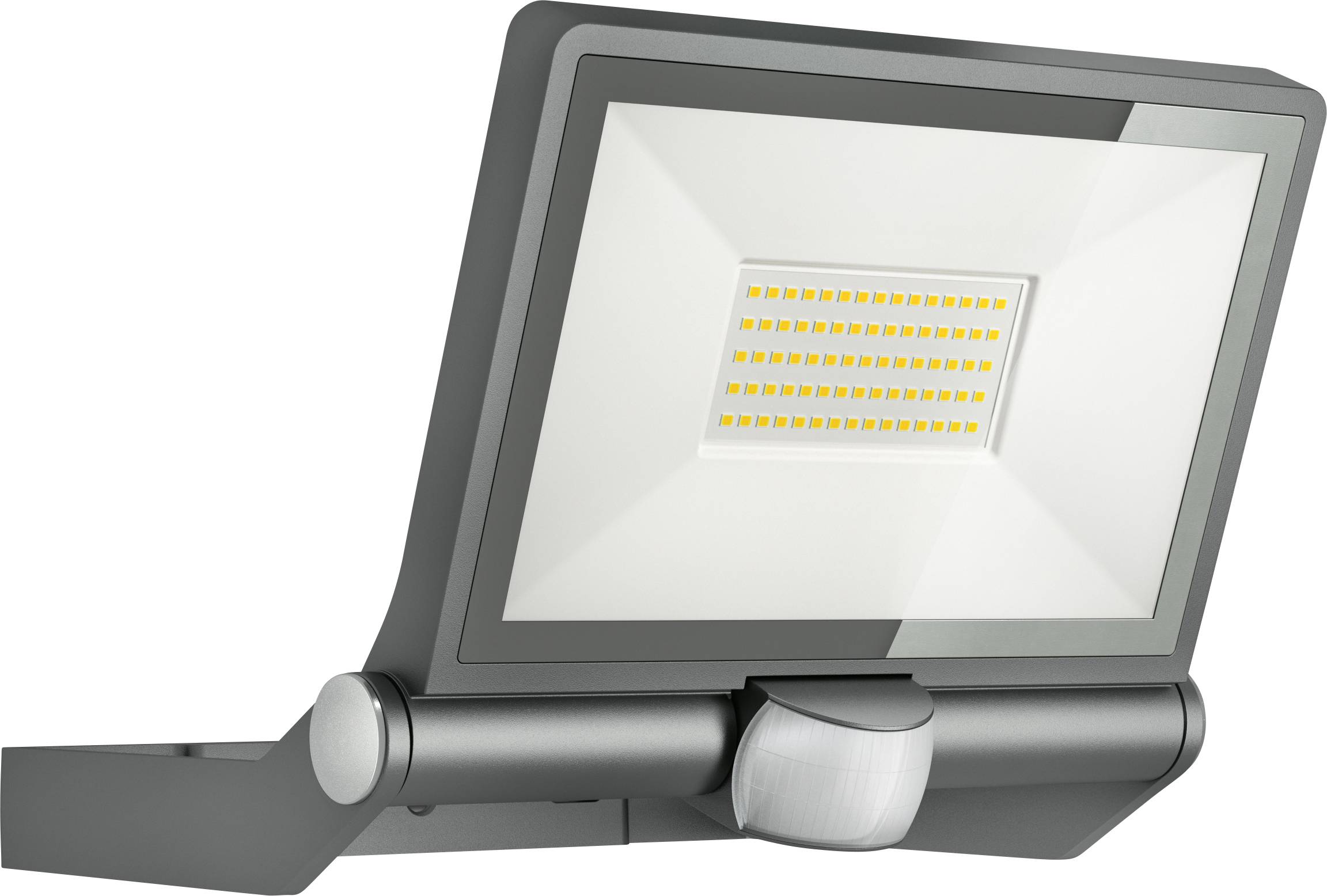 En grå LED-projektør med sensor, velegnet til udendørsbelysning.