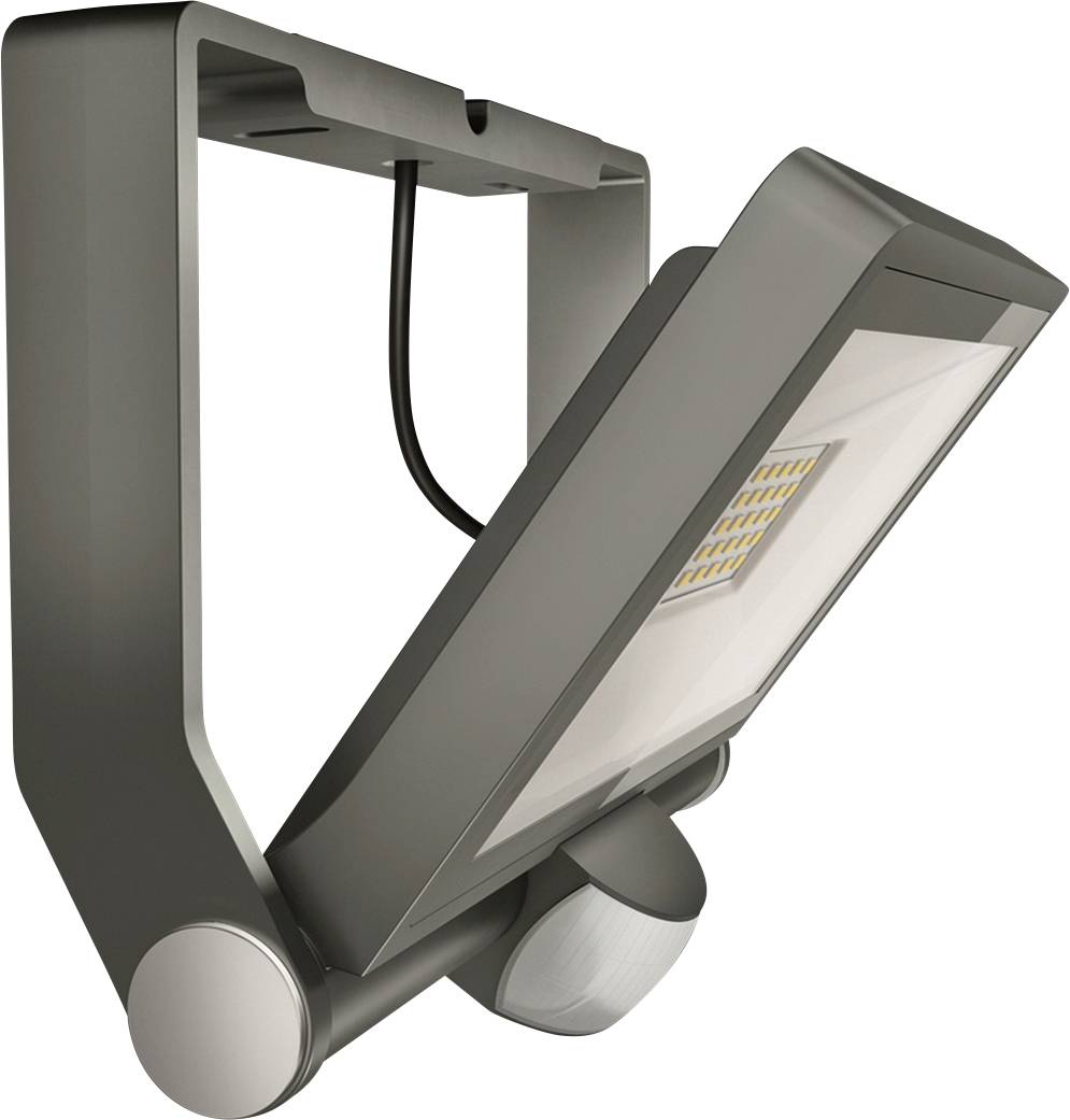LED-udendørs projektør med kantet design og integreret bevægelsessensor, monteret på et justerbart beslag.
