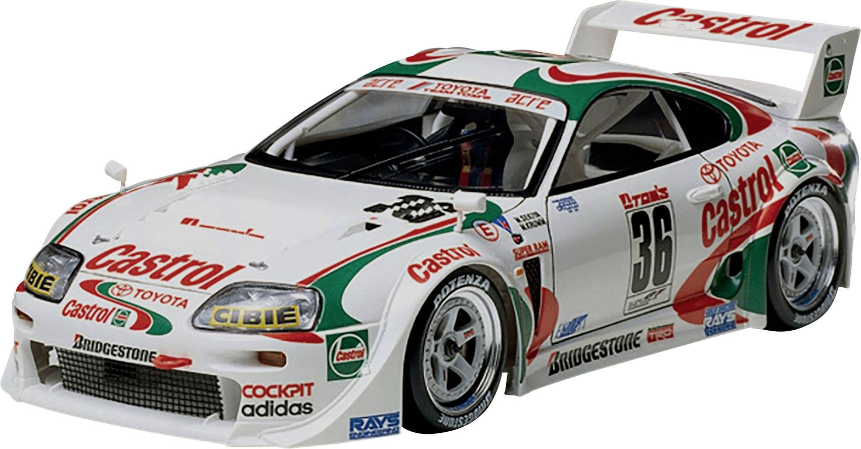 En hvid racerbil med Castrol-reklame i rødt og grønt, startnummer 36 og sponsorlogoer, indstillet til motorsport.