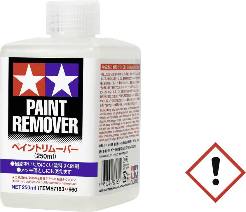 Beholder med 'Paint Remover' etiket, volumen 250 ml. Advarsel: Brandfarlig og irriterende. Firkantet faresymbol med udråbstegn.