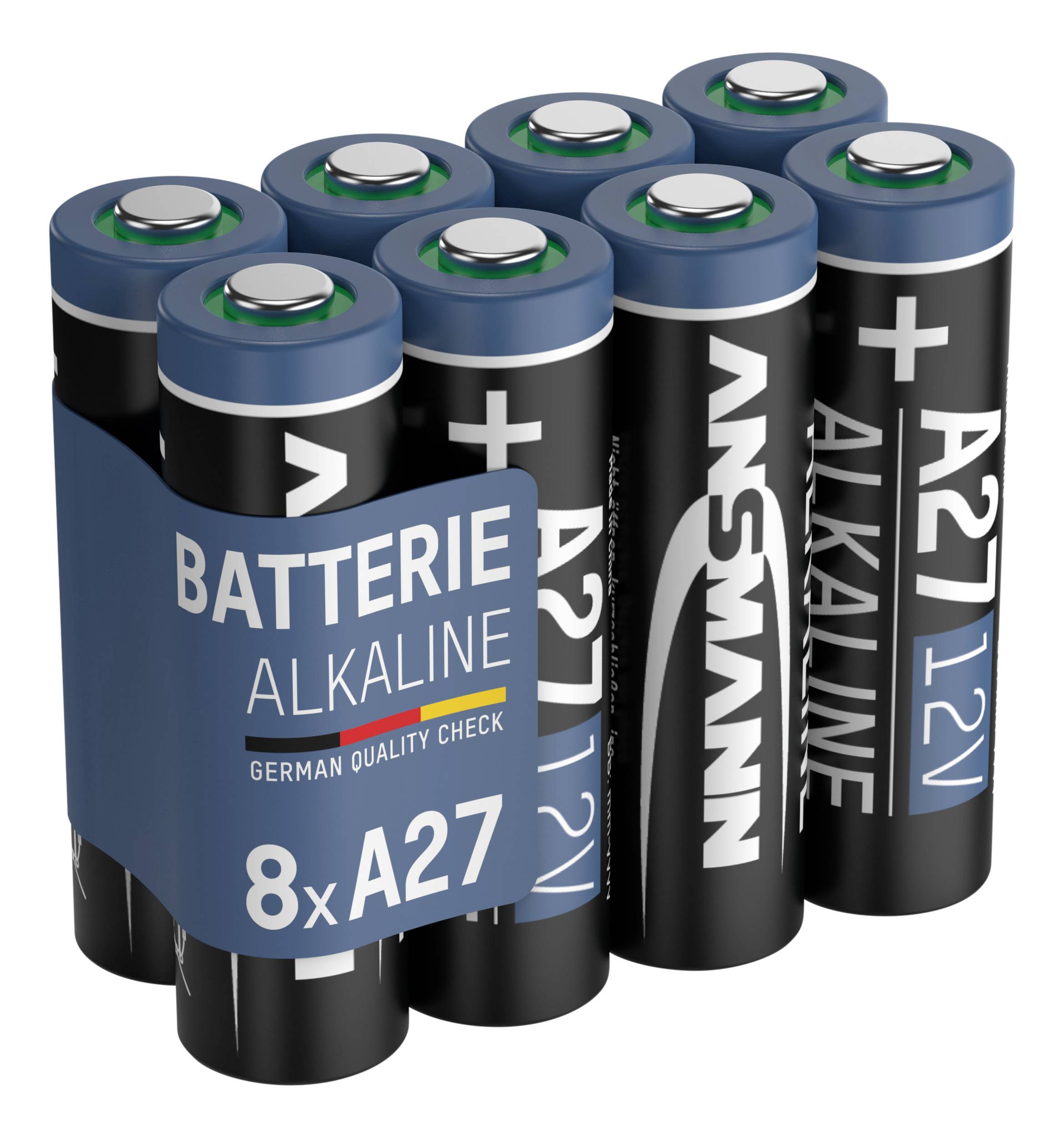 Otte sorte og blå alkaliske batterier samlet i en gruppe. Påskrift 'ALKALISK BATTERI 8x A27 12V'.