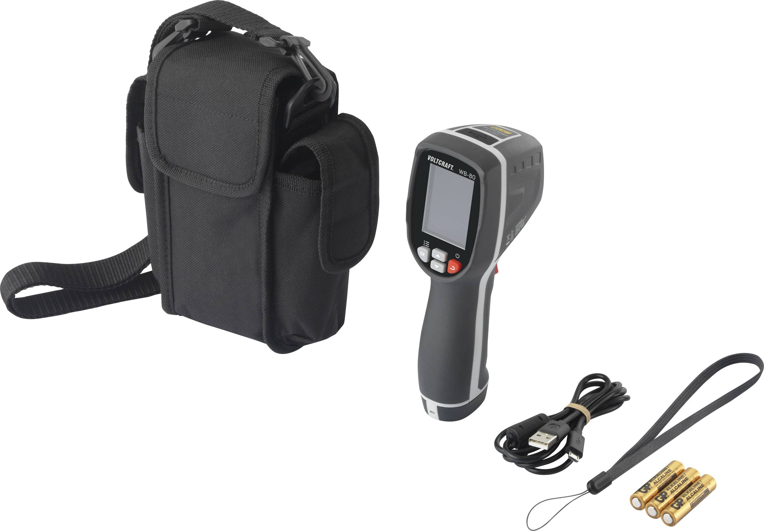 Infrarødt termometer-sæt med taske, batterier, USB-kabel og håndrem. Enheden måler temperaturer uden kontakt.