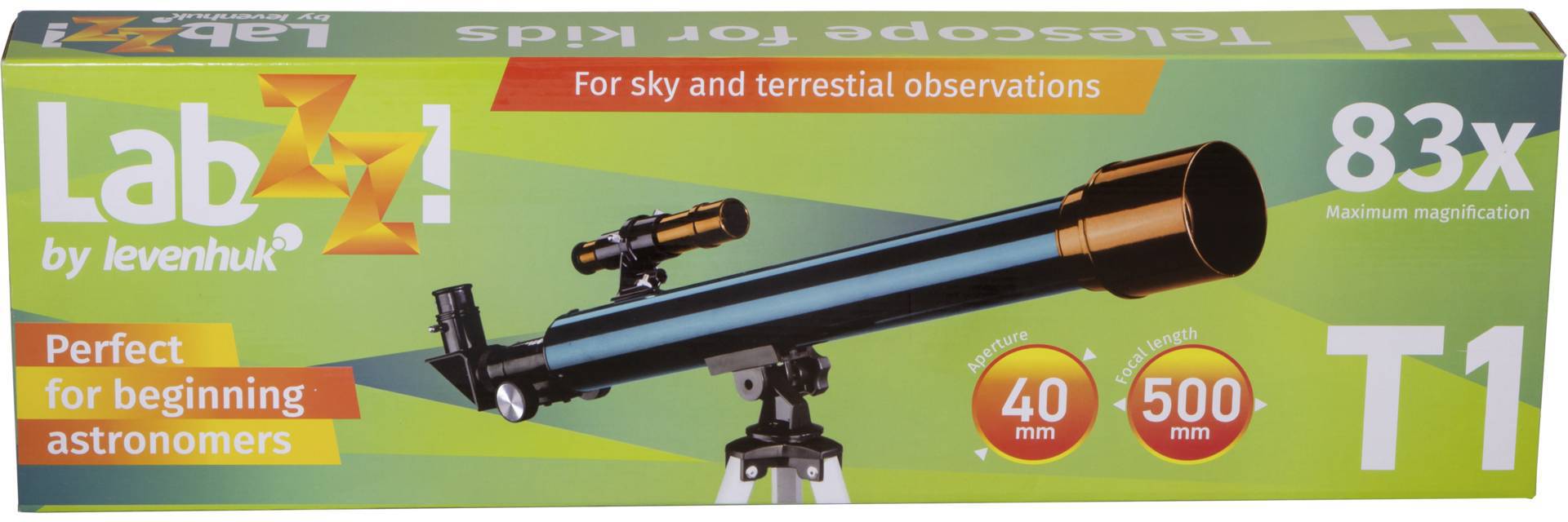 Teleskop-pakke med påskriften 'LabZZ', egnet for begyndere. Maksimal forstørrelse 83x, linsediameter 40 mm, brændvidde 500 mm.