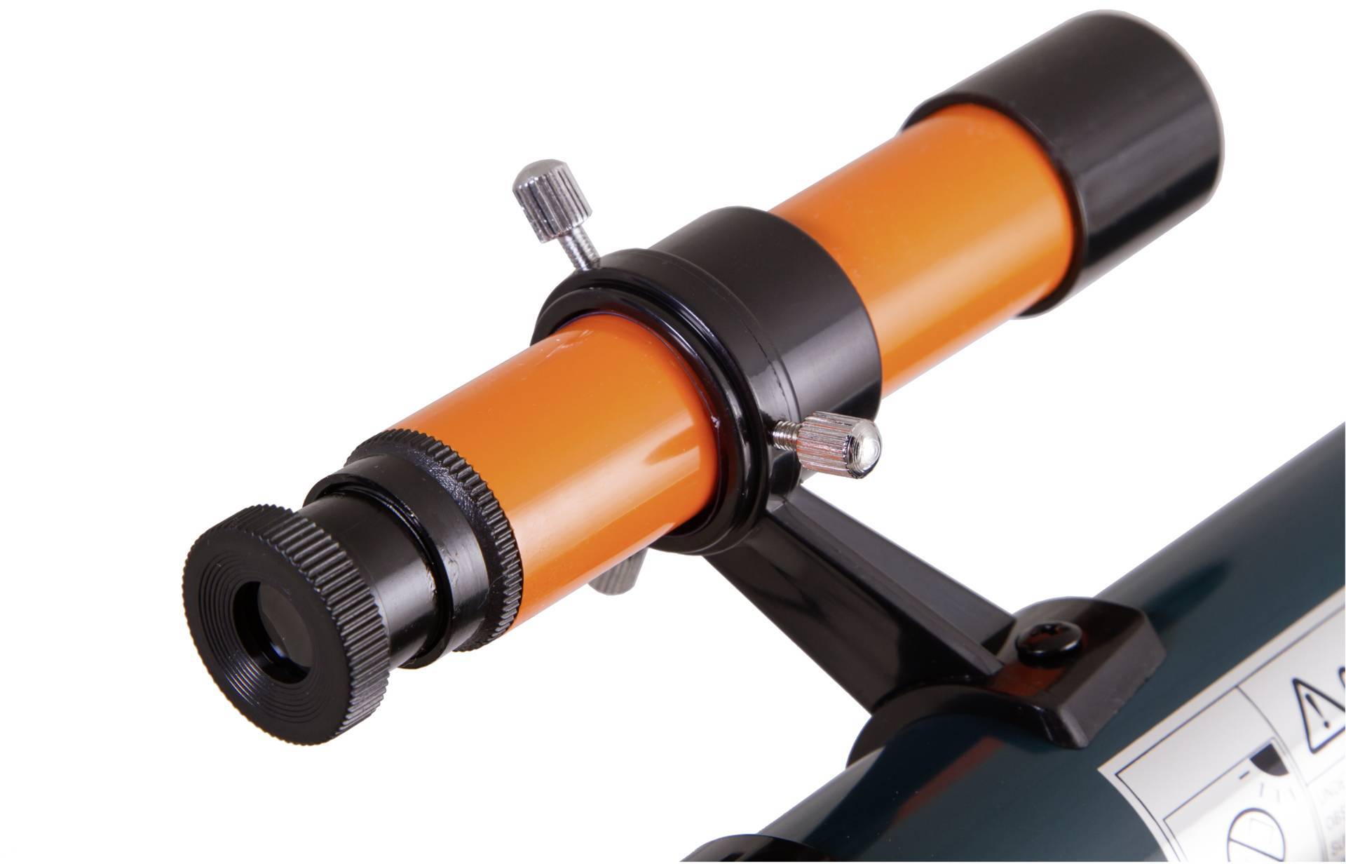 Et orange-sort kikkert med fokushjul og metalholder. Primært egnet til astronomiske observationer.