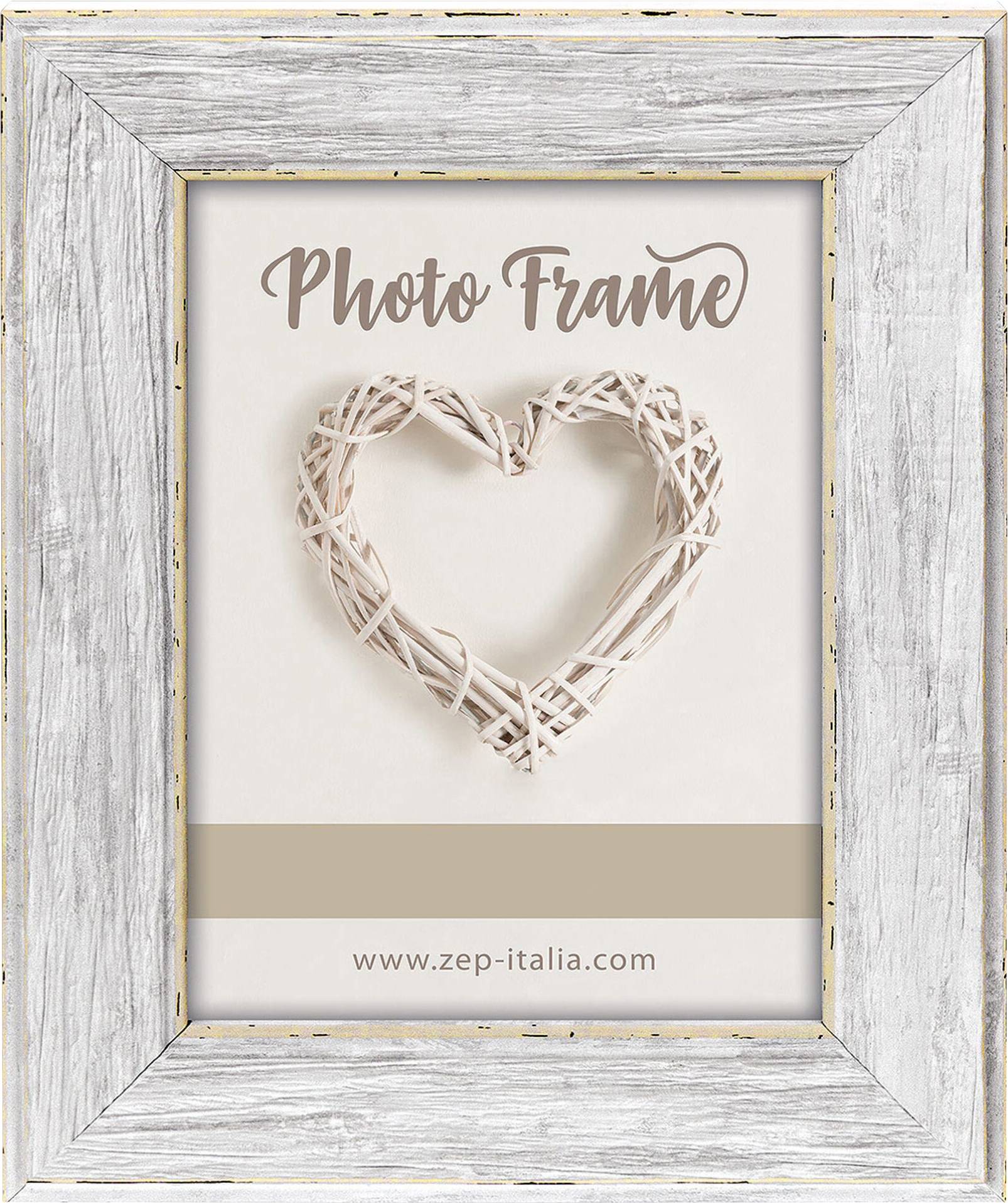 En træramme omgiver et billede med et hjertedannet flettet rattan og teksten 'Photo Frame'. Nedenunder står 'www.zep-italia.com'.