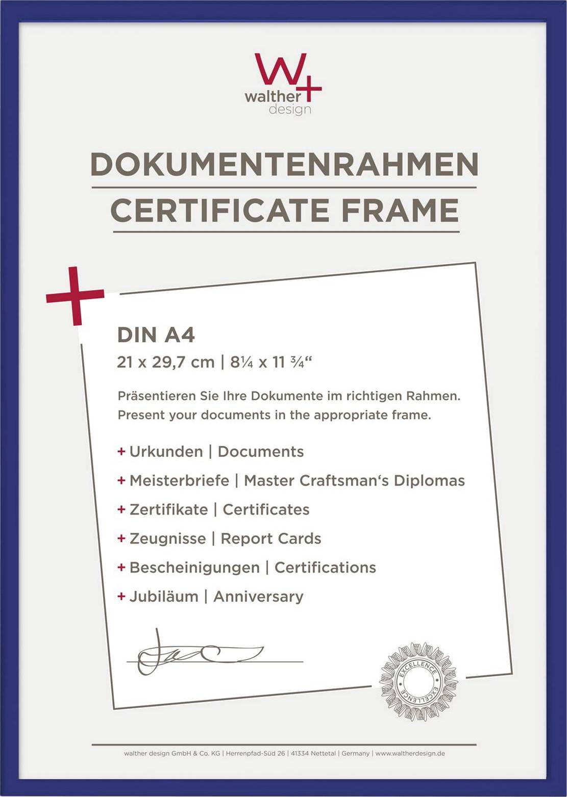 Dokumentramme til DIN A4-dokumenter. Præsentation af dokumenter, certifikater og eksamensbeviser i en passende ramme.