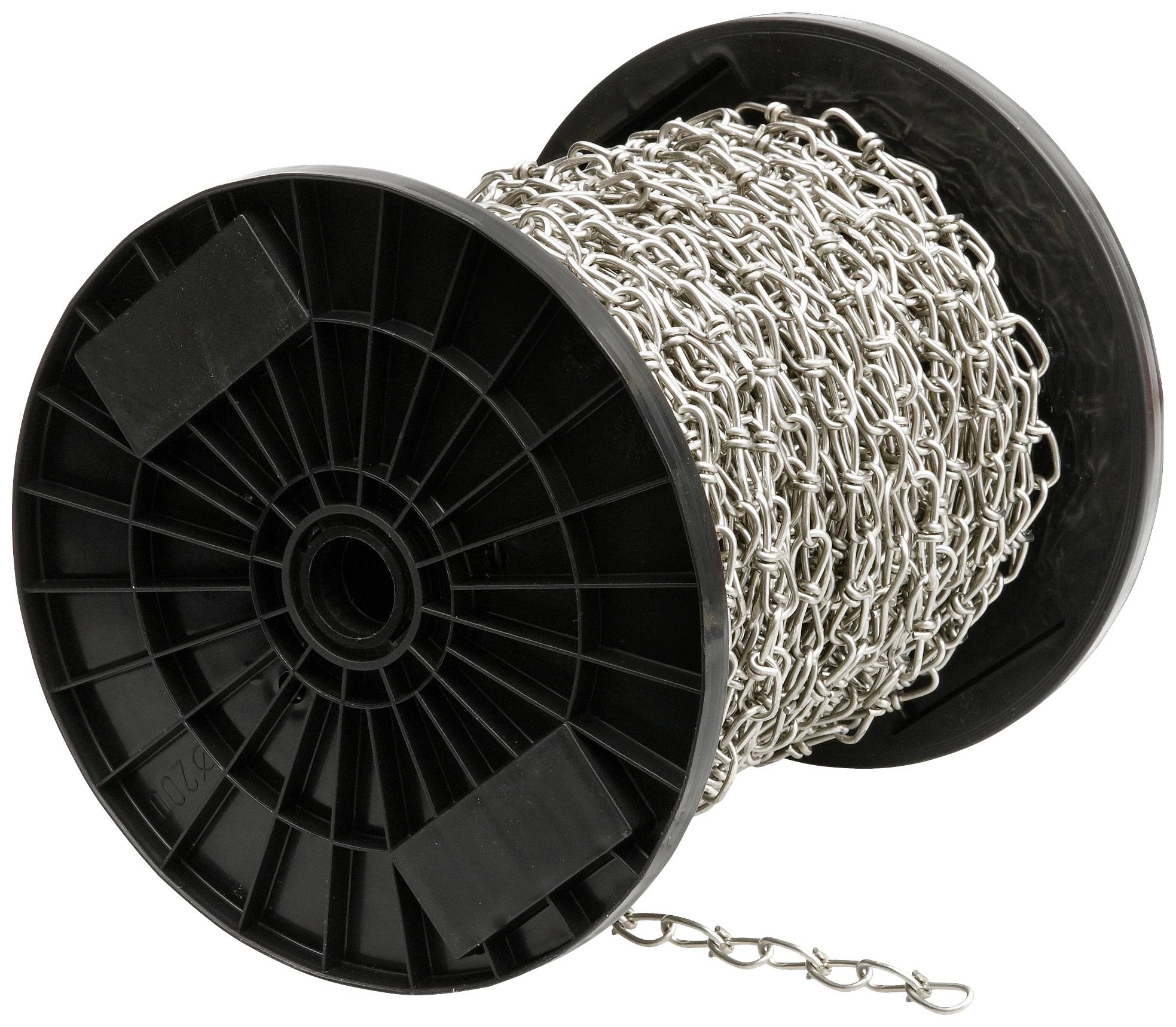 En sort spole med en oprullet sølvfarvet metalkæde. Kæden er delvist udfoldet og hænger let ud over kanten.