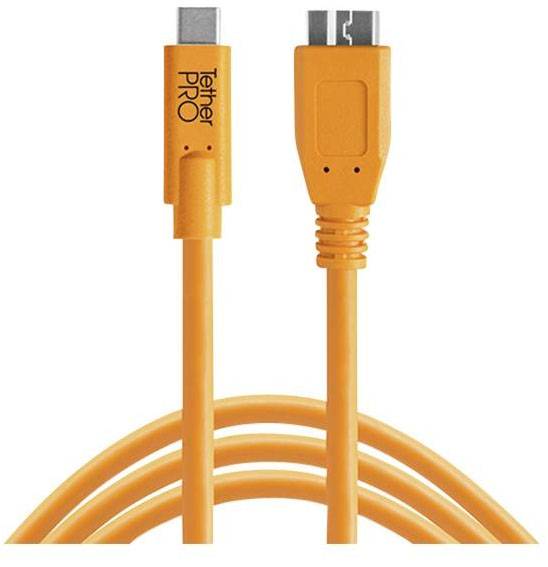 Et orange USB-kabel med USB-C og Micro-B stik, mærket 'Tether Pro'.