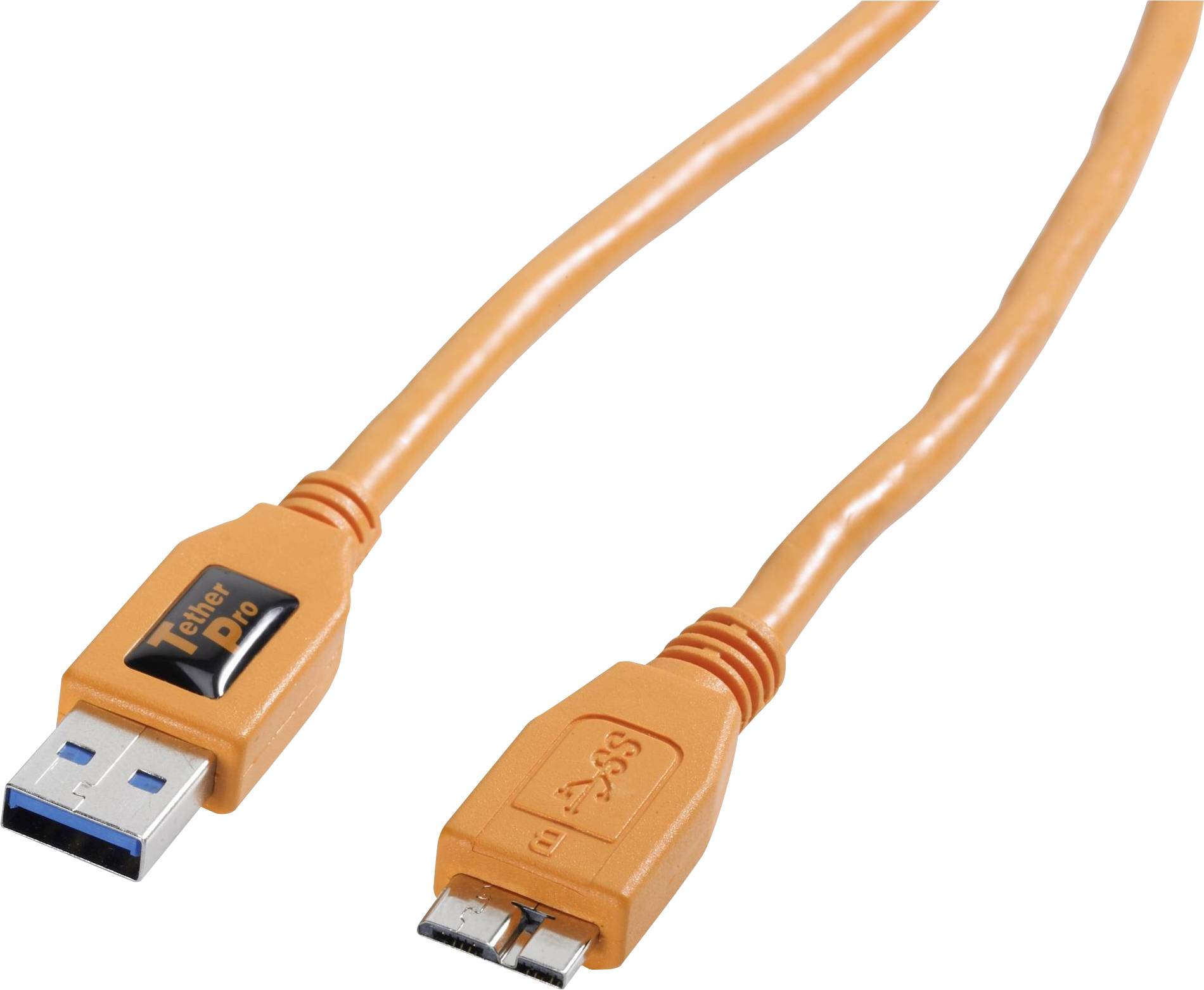 Et orange USB 3.0-kabel med en standard USB-stik i den ene ende og en micro-USB-stik i den anden ende.