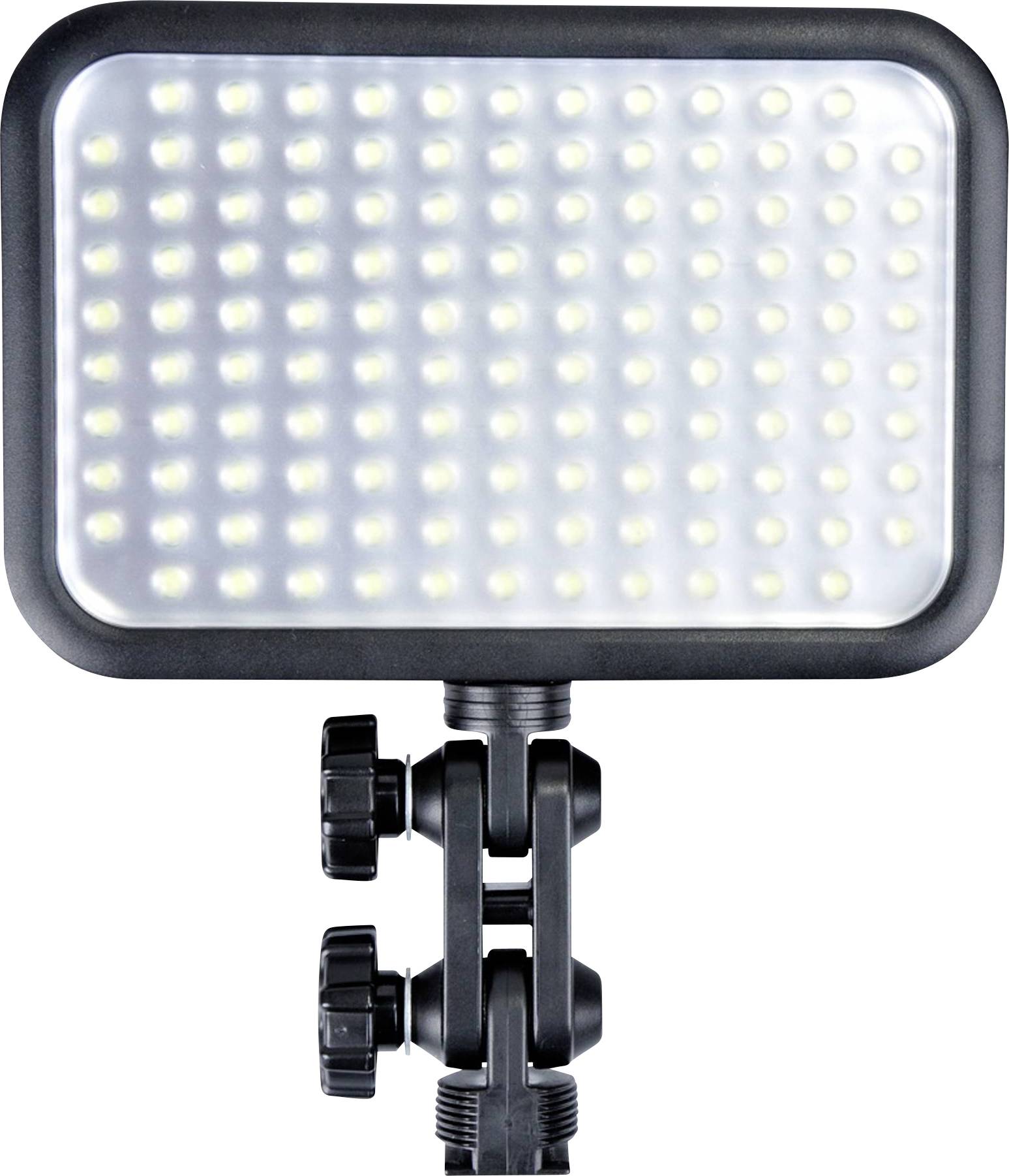 Et rektangulært LED-lyspanel med justerbar monteringsbeslag, egnet til fotografi eller videoproduktion.