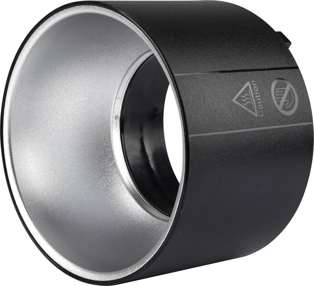 En rund, sort metalreflektor, der samler og styrer lyset fra en lyskilde.
