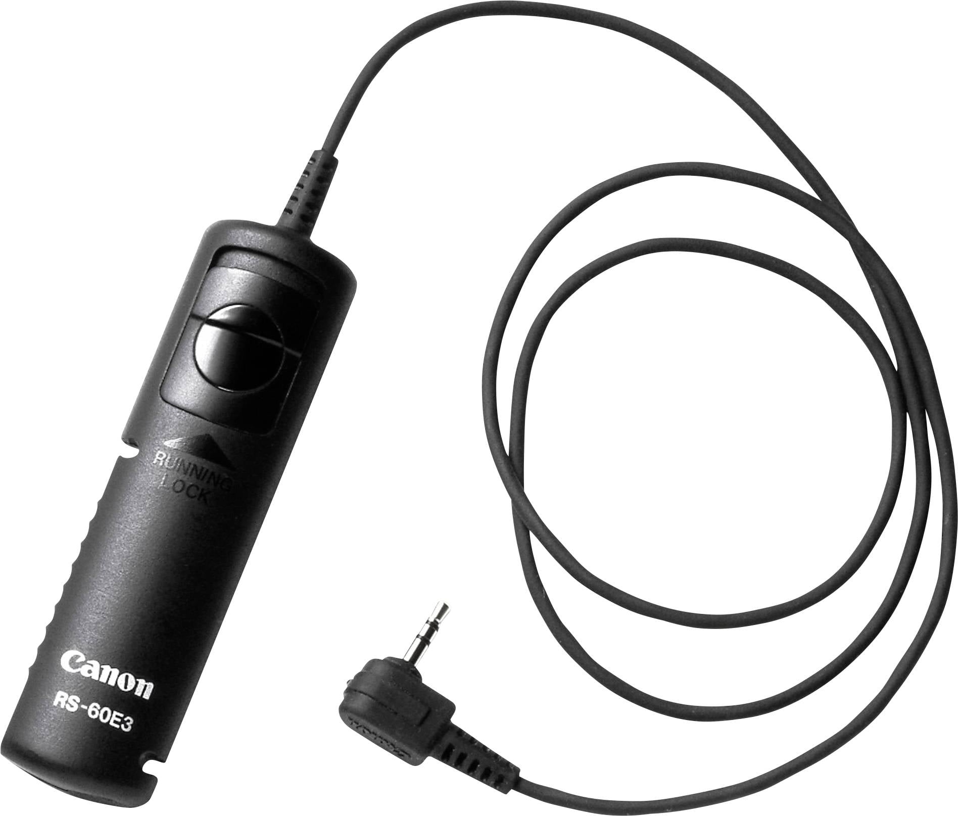 En sort fjernudløser 'Canon RS-60E3' med kabel og 2,5 mm jackstik, bruges til fjernudløsning af kameraer.