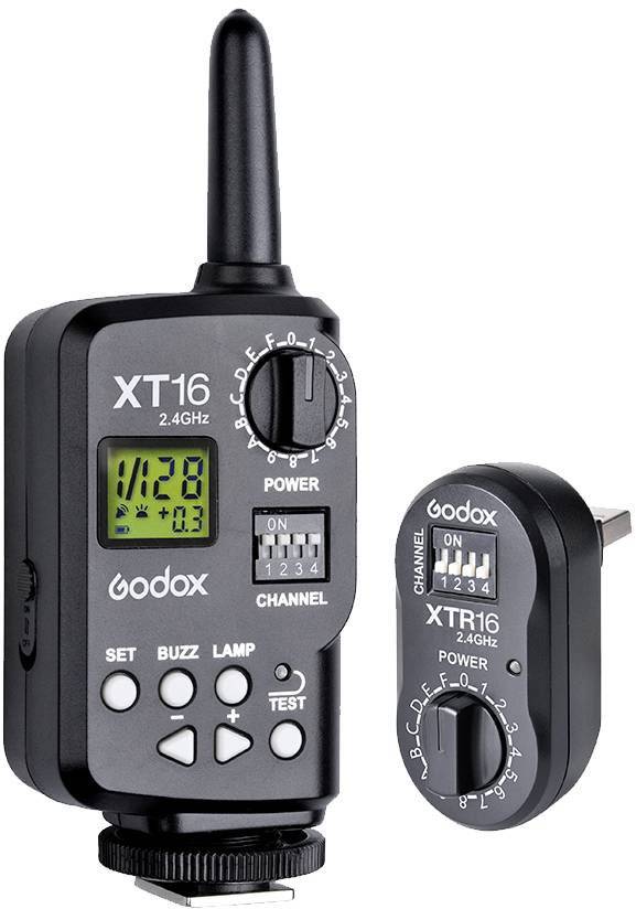 Trådløs Godox 2,4 GHz flashmodtager og -sender. Modtageren viser '128' på skærmen, sender med kanalindstillinger.