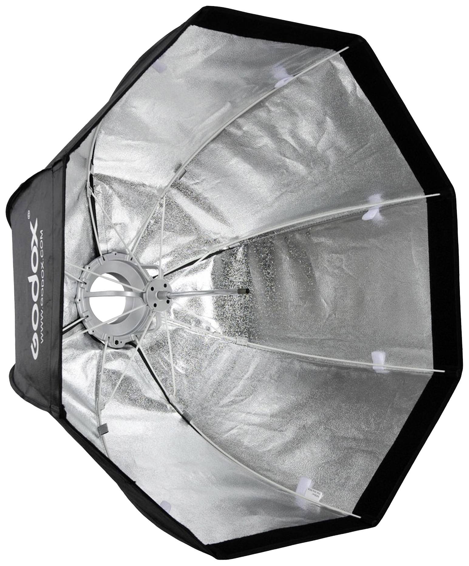 En sølvfarvet, ottekantet softbox med sort kant, der bruges til ensartet lysfordeling inden for fotografering.