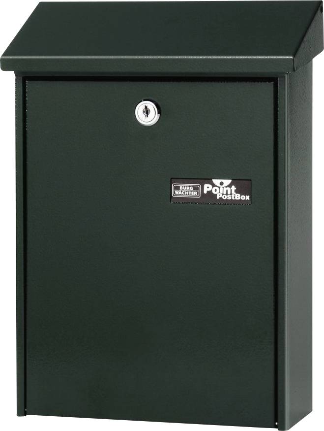 Grøn postkasse med lås og et skilt, hvorpå der står 'Point PostBox', foran en neutral baggrund.