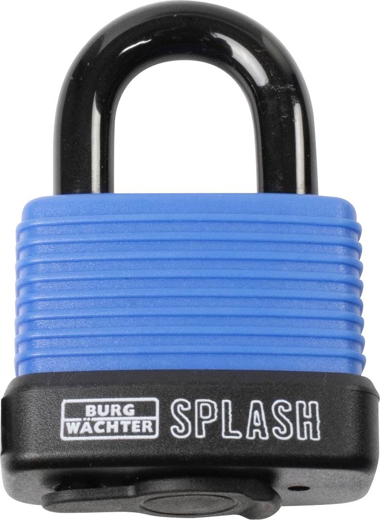 Et blå-sort hængelås fra mærket 'Burg Wächter Splash' med en metalbøjle, egnet til udendørs brug.