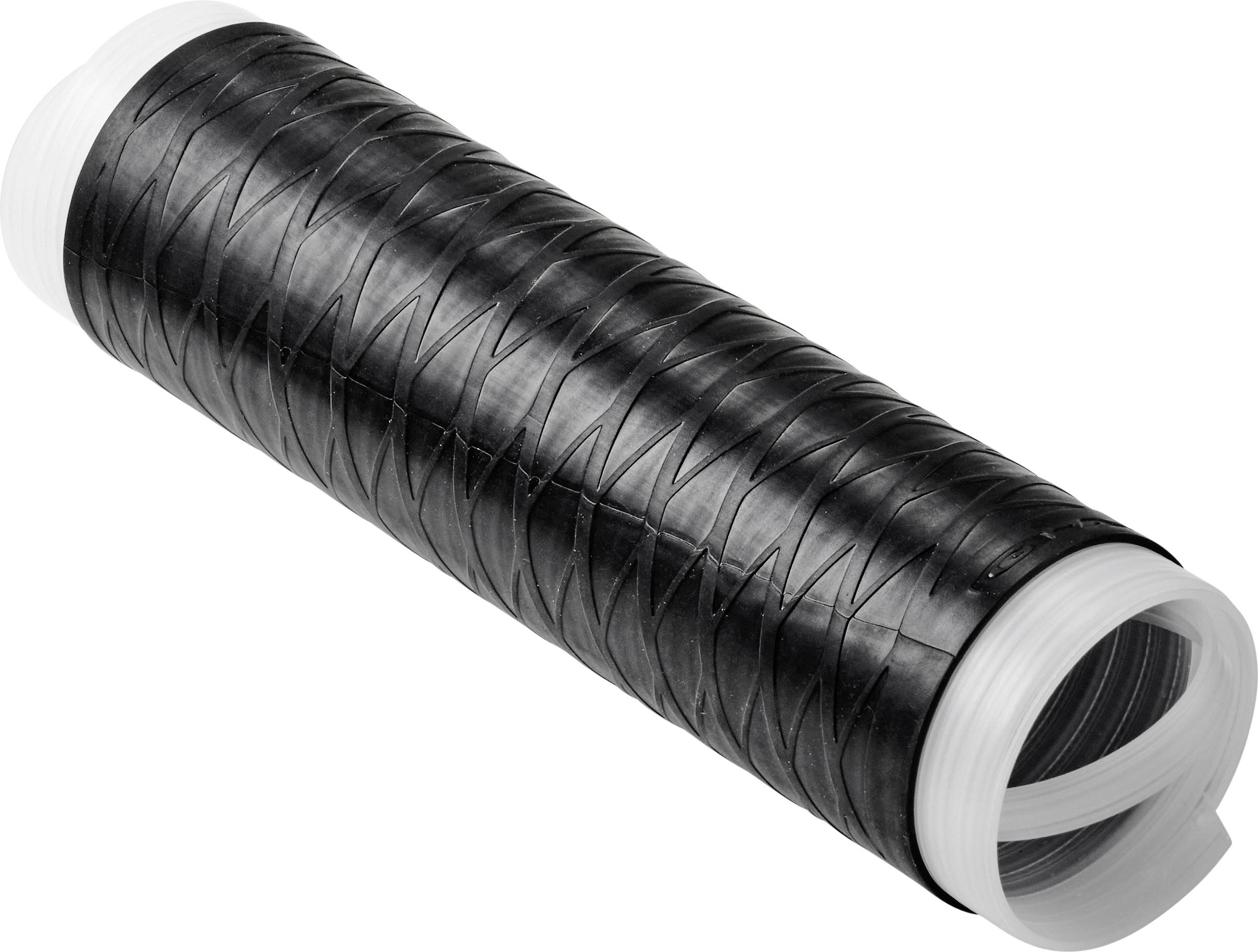 En sort fleksibel ventilationsslange med spiralmønster, sammenrullet med hvide ender, ligger diagonalt.