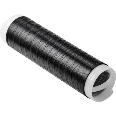 En sort fleksibel ventilationsslange med spiralmønster, sammenrullet med hvide ender, ligger diagonalt.
