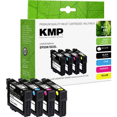 KMP premium kvalitets blækpatroner multipakke til Epson 502XL printere, indeholder sort, cyan, magenta og gul patron.