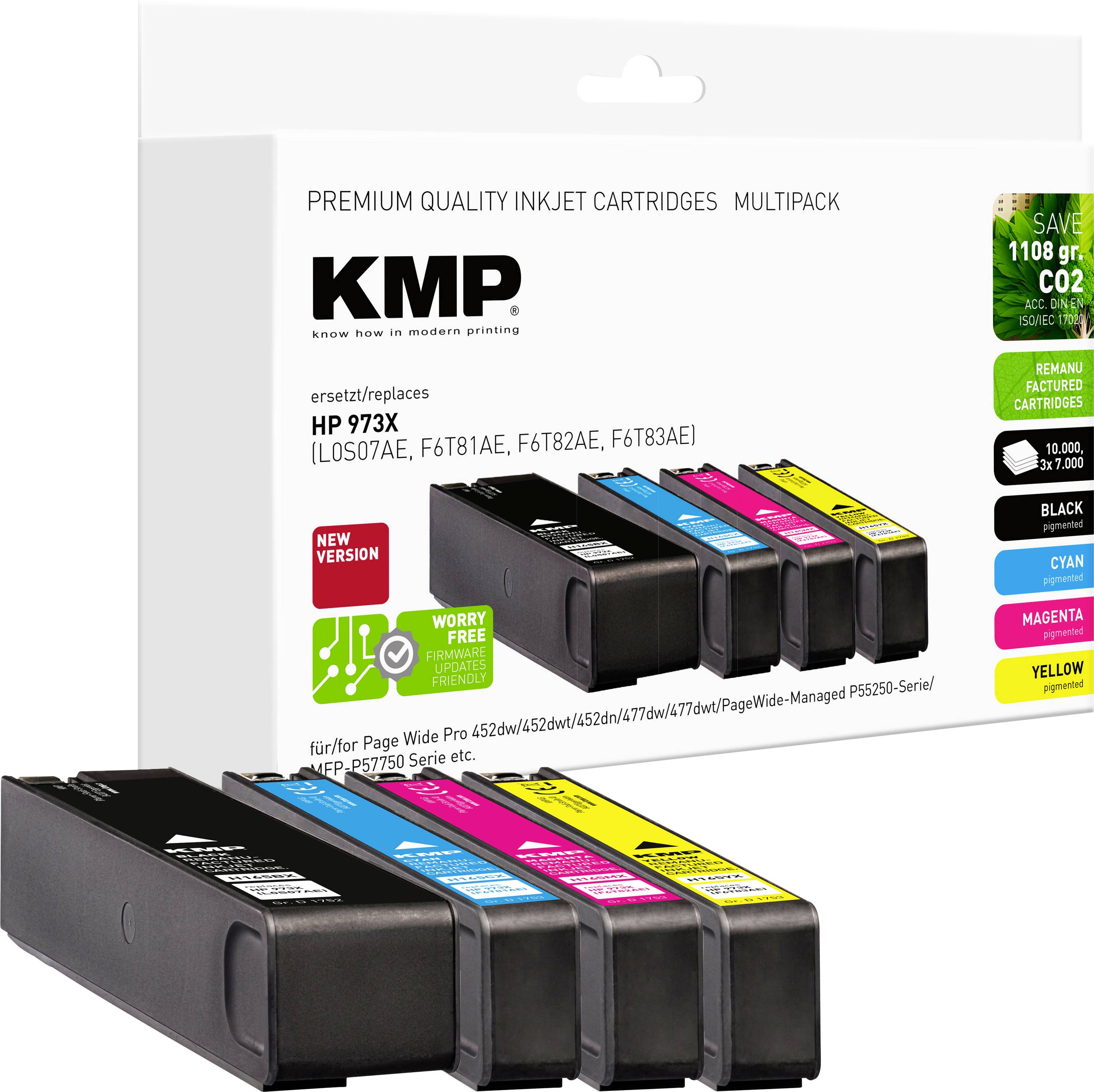 'KMP Premium Quality Blækpatroner Multipakke' til HP-printere. Indeholder sort, cyan, magenta, gul. Lover '1108 g CO2 sparet'.