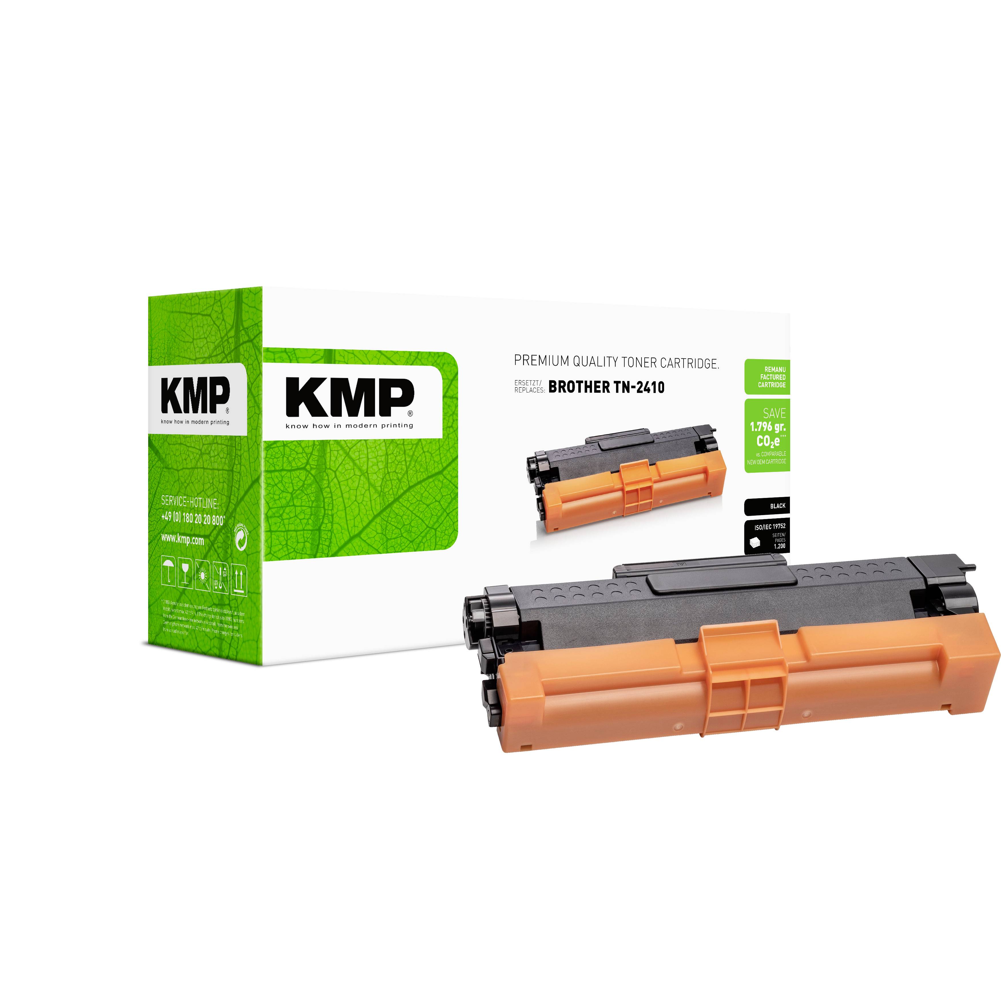 På billedet ses en KMP-tonerpatron, der er egnet til BROTHER TN-2410-printere. På emballagen står der 'Premium Quality'.