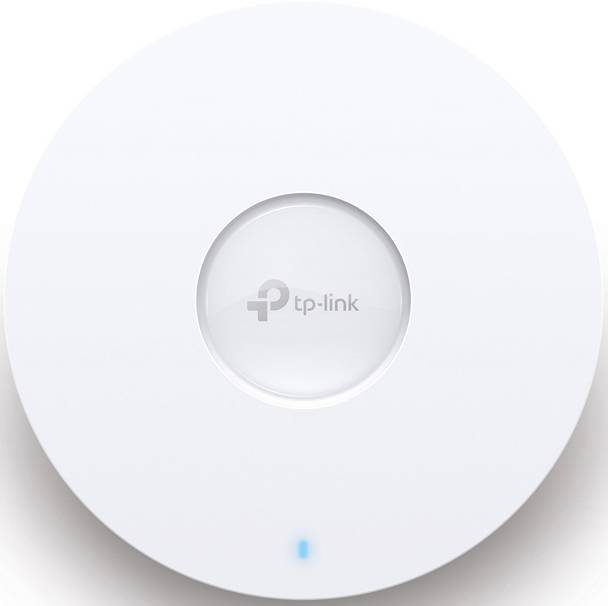 Rund, hvid WLAN-accesspoint fra TP-Link med blåt LED-lys i bunden.