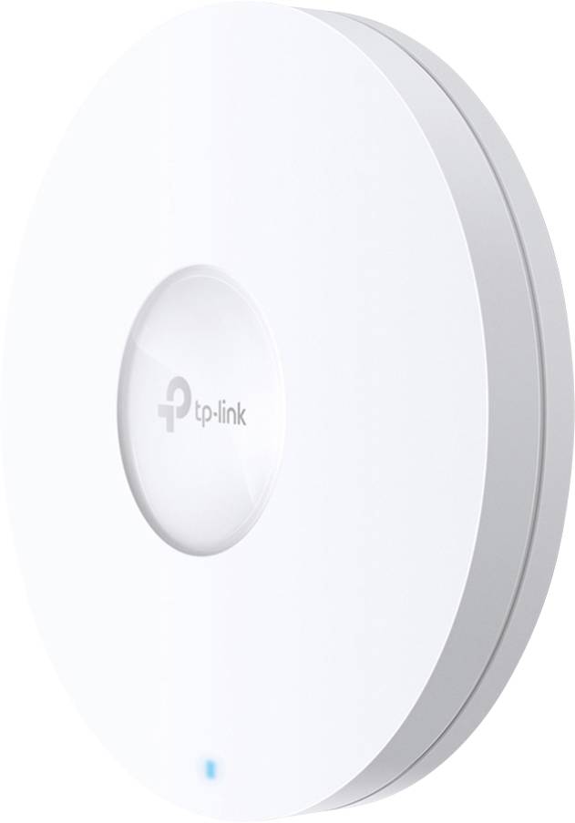 Hvid TP-Link access point i rund form med blåt LED-lys under.