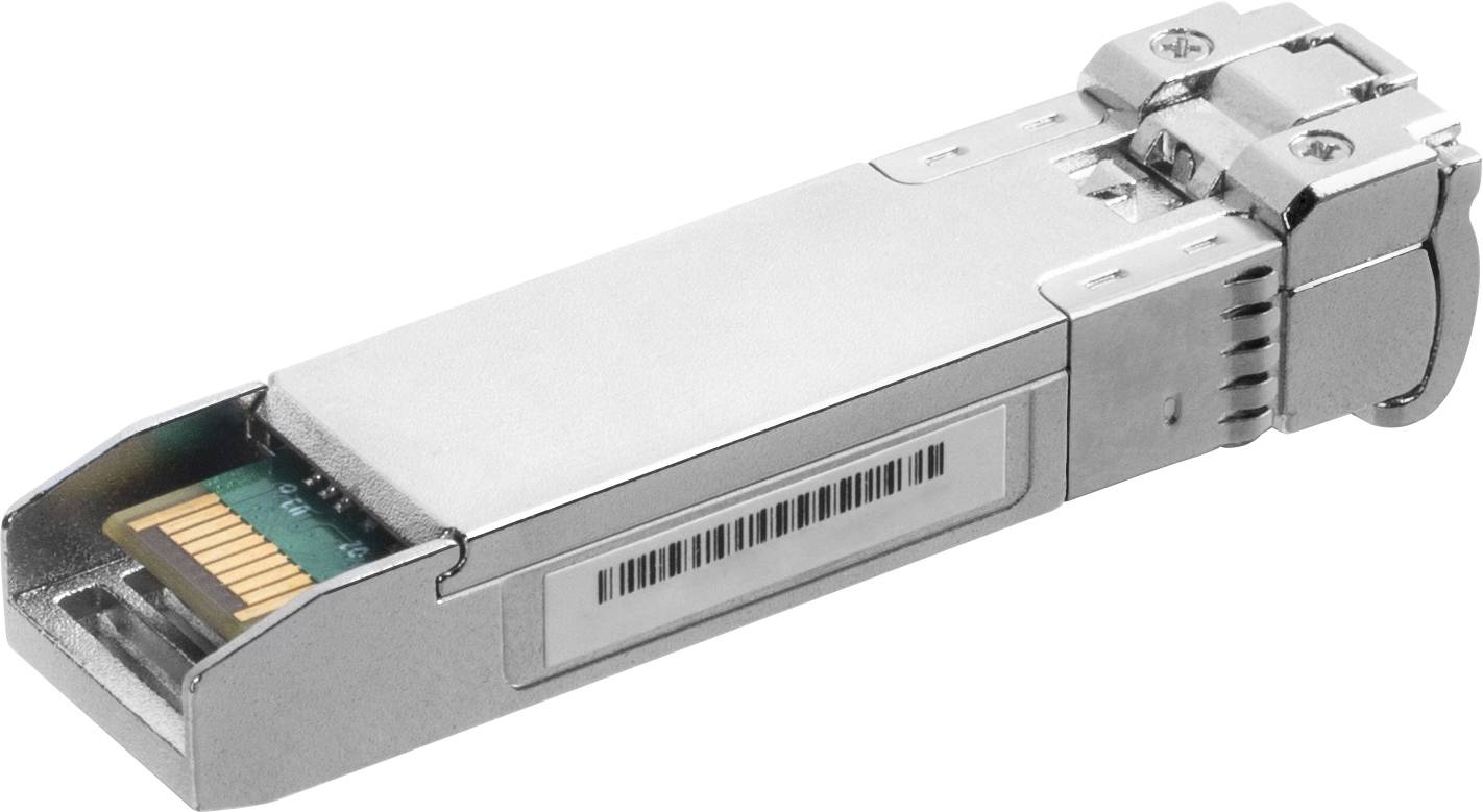 Et metalisk SFP-modul til fiberoptiske forbindelser, som er en del af netværkshardware og muliggør høyhastigheds dataoverførsel.