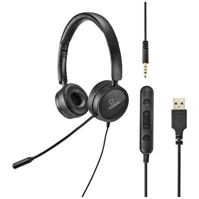 Sort, kablet headset med mikrofon og betjeningsknapper på kablet. USB- og 3,5 mm-stik til alsidig brug.