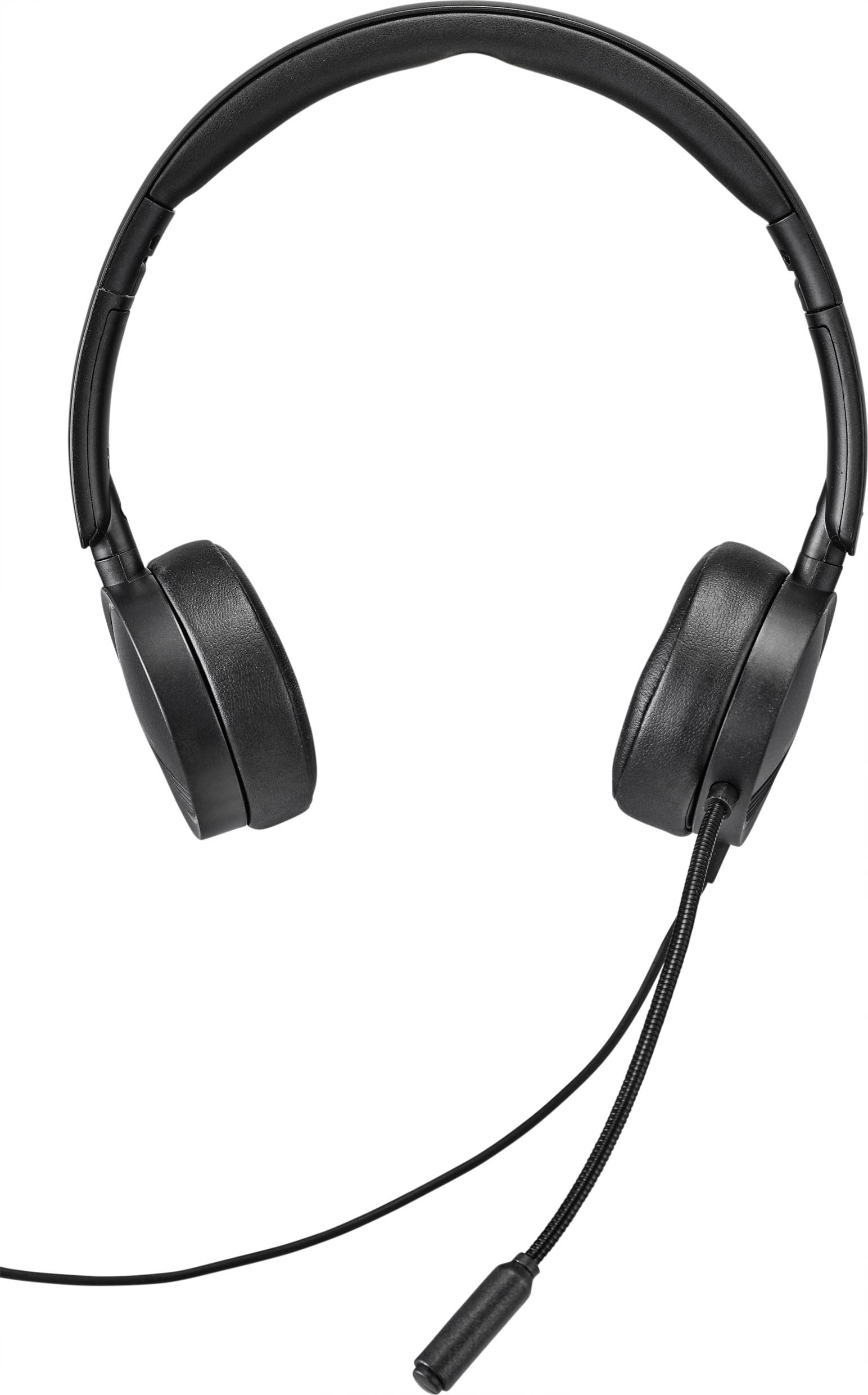 Sorte over-ear-hovedtelefoner med integreret mikrofon på hvid baggrund. Ideelle til opkald eller computerlydapplikationer.