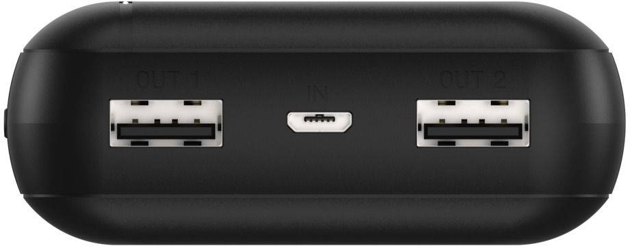 Et sort bærbart oplader med to USB-udgangporte og en Micro-USB-indgangsport.