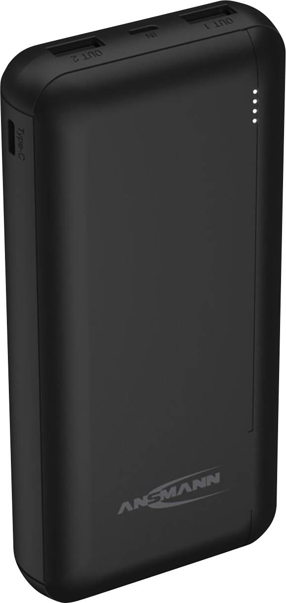 Sort powerbank med tre USB-porte øverst og opladningsstatus vist gennem fire LED-lys på siden. "Ansmann" logo på forsiden.