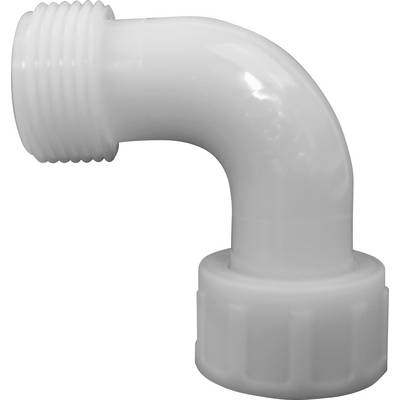 Et hvidt, bøjet plastikrør med gevind i den ene ende og riflet kant i den anden ende. Typisk for sanitetsinstallationer.