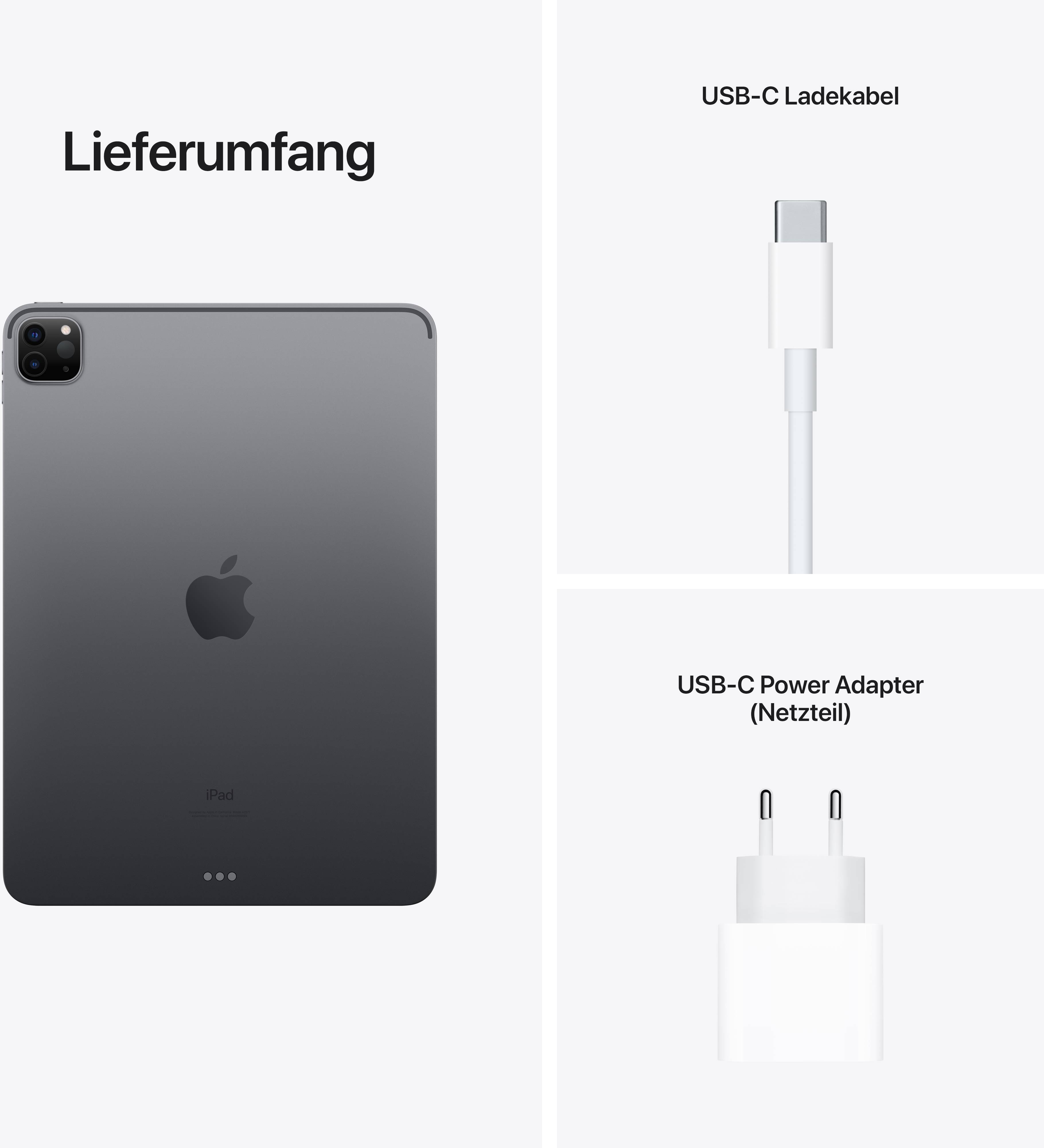 Leveringsomfang: Et tablet med USB-C-stik, et USB-C-opladningskabel og en USB-C-strømadapter.