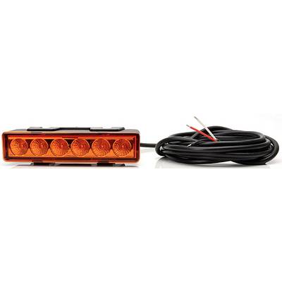 Orange LED-lampe med seks lys, forbundet med et langt sort kabel. Ideel til køretøjsbelysning eller signalgivning.