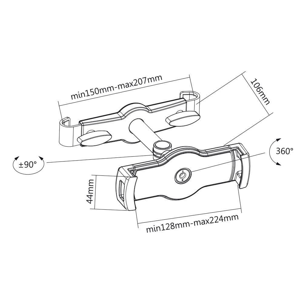 Teknisk tegning af en justerbar beslag med dimensioner: Bredde min150-maks207 mm, min128-maks224 mm, drejeligt 360 grader.