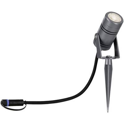 En sort havlampe med jordspyd og fleksibel ledning til udendørsbelysning. Den er holdt i et enkelt, moderne design.