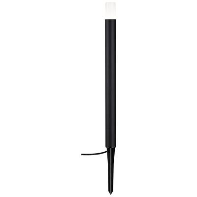 En slank, sort udendørslampe med jordspyd og hvidt lyshoved, egnet til belysning af haver eller stier.
