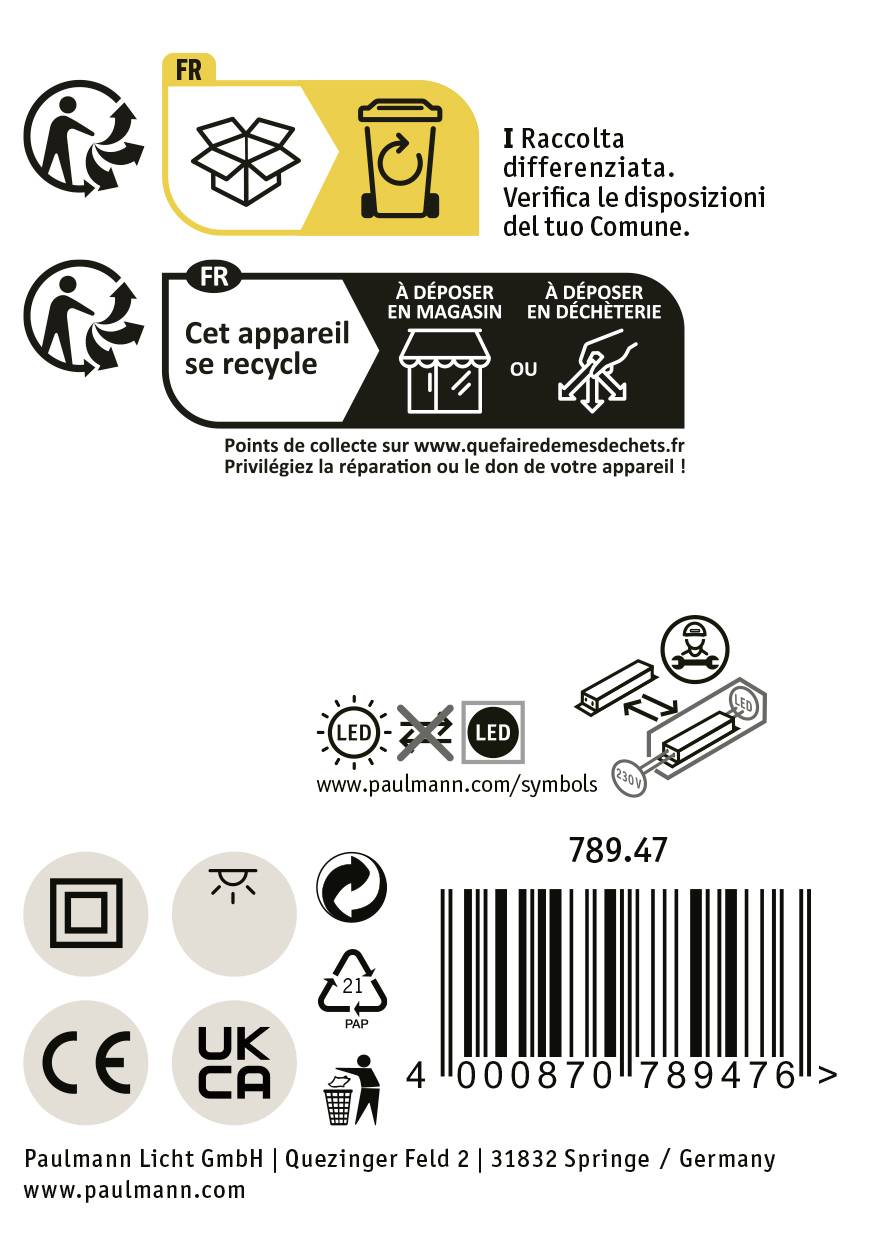 'Etiketter til selektiv indsamling og genbrug af elektroniske apparater. Instruktioner på fransk og italiensk med forklarende ikoner.'
