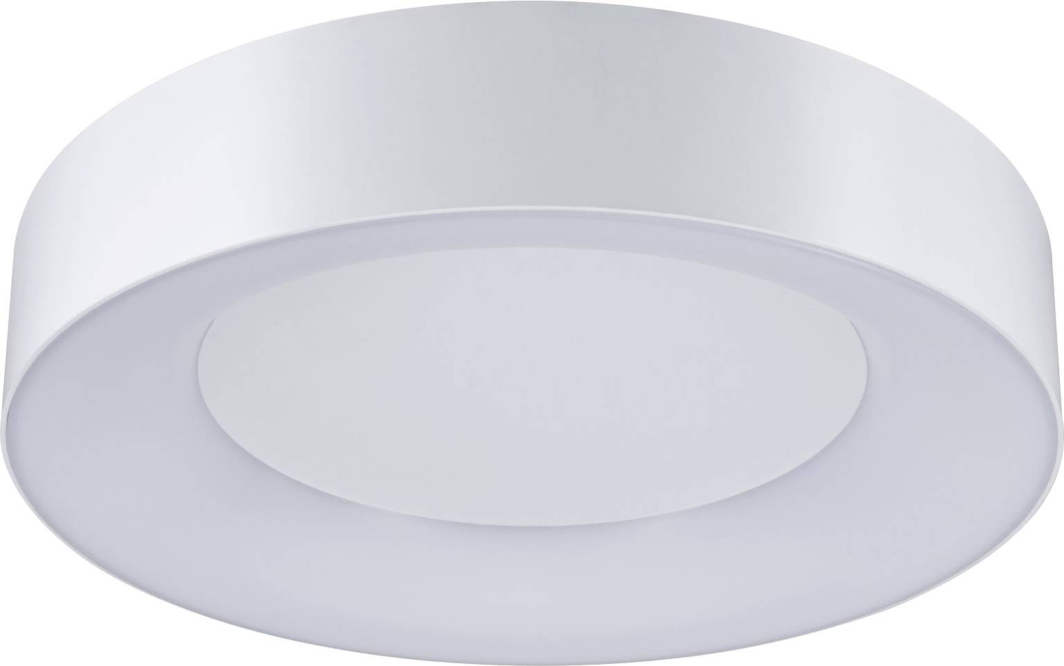 En rund, hvid loftslampe med enkelt, moderne design, egnet til stue eller kontormiljøer.
