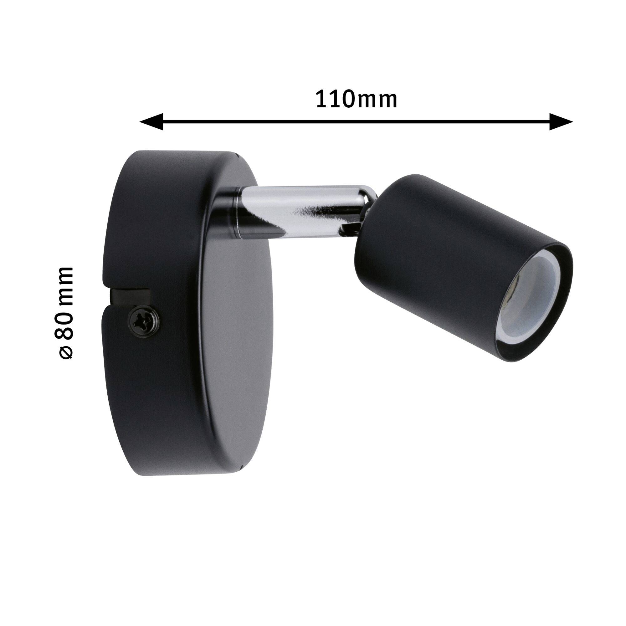 Sort LED-væglampe med justerbart cylinderformet hoved. Mål: 110 mm længde, 80 mm diameter. Ideel til retningsbestemt belysning.