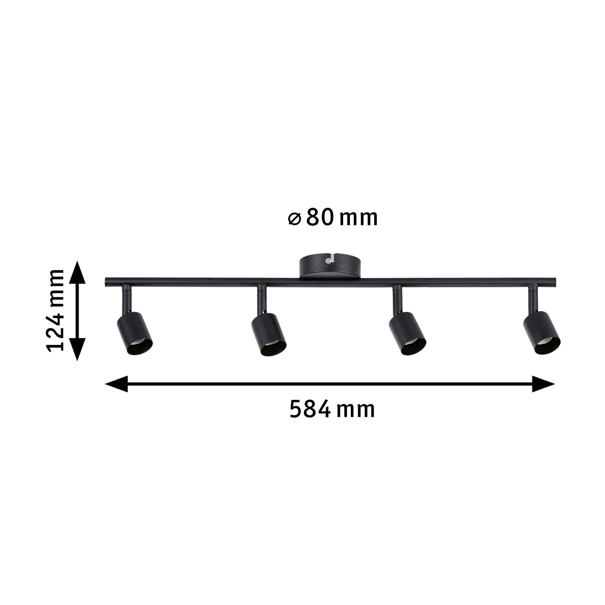 Fireflasket sort loftlampe med justerbare spotlys. Mål: Bredde 584 mm, højde 124 mm, loftsmontering ø 80 mm.