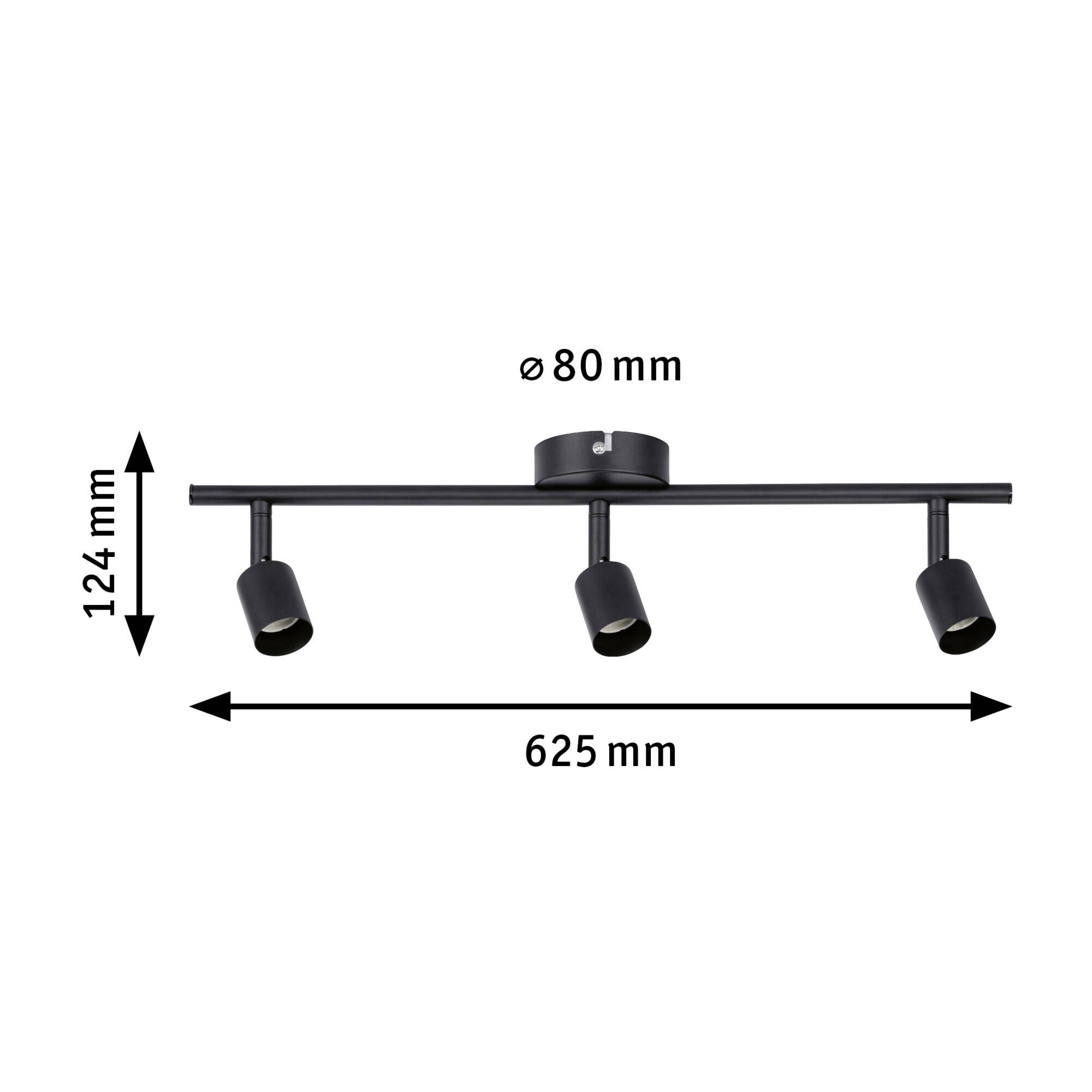 Loftlampe med tre justerbare spots; samlet bredde 625 mm, højde 124 mm, loftholder diameter 80 mm.