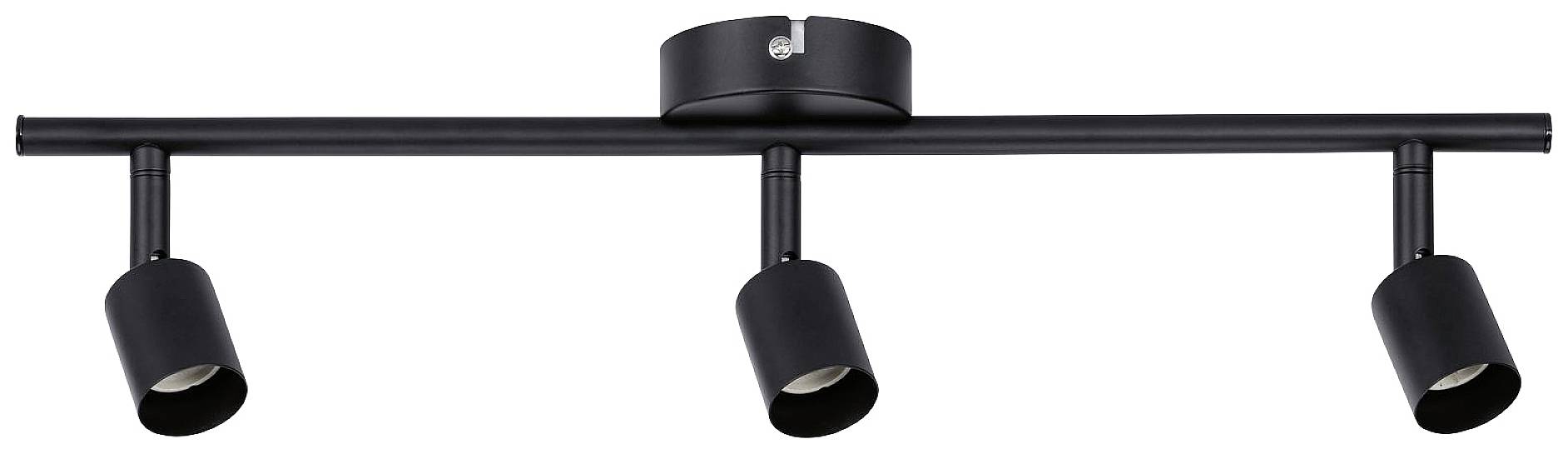 Sort loftlampe med tre justerbare spots på en vandret skinne, velegnet til fleksibel rumbelysning.