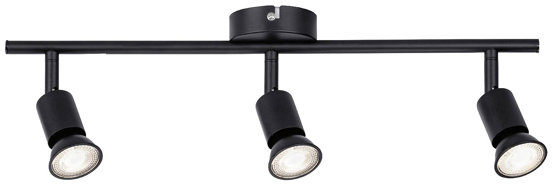 Sort loftlampe med tre justerbare spots, der er ligeligt fordelt. Ideel til retningsbestemt belysning indendørs.