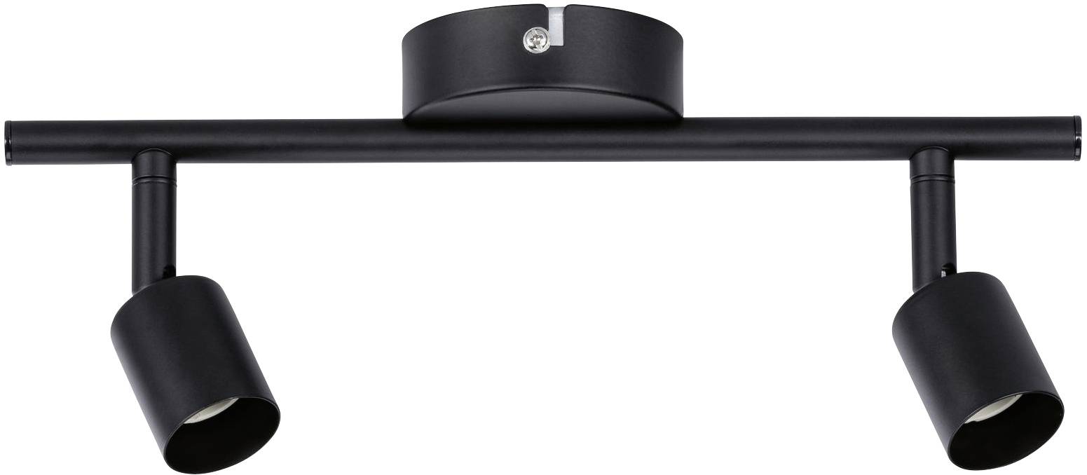 Sort loftlampe med to justerbare spots monteret på en lige bjælke. Minimalistisk design.