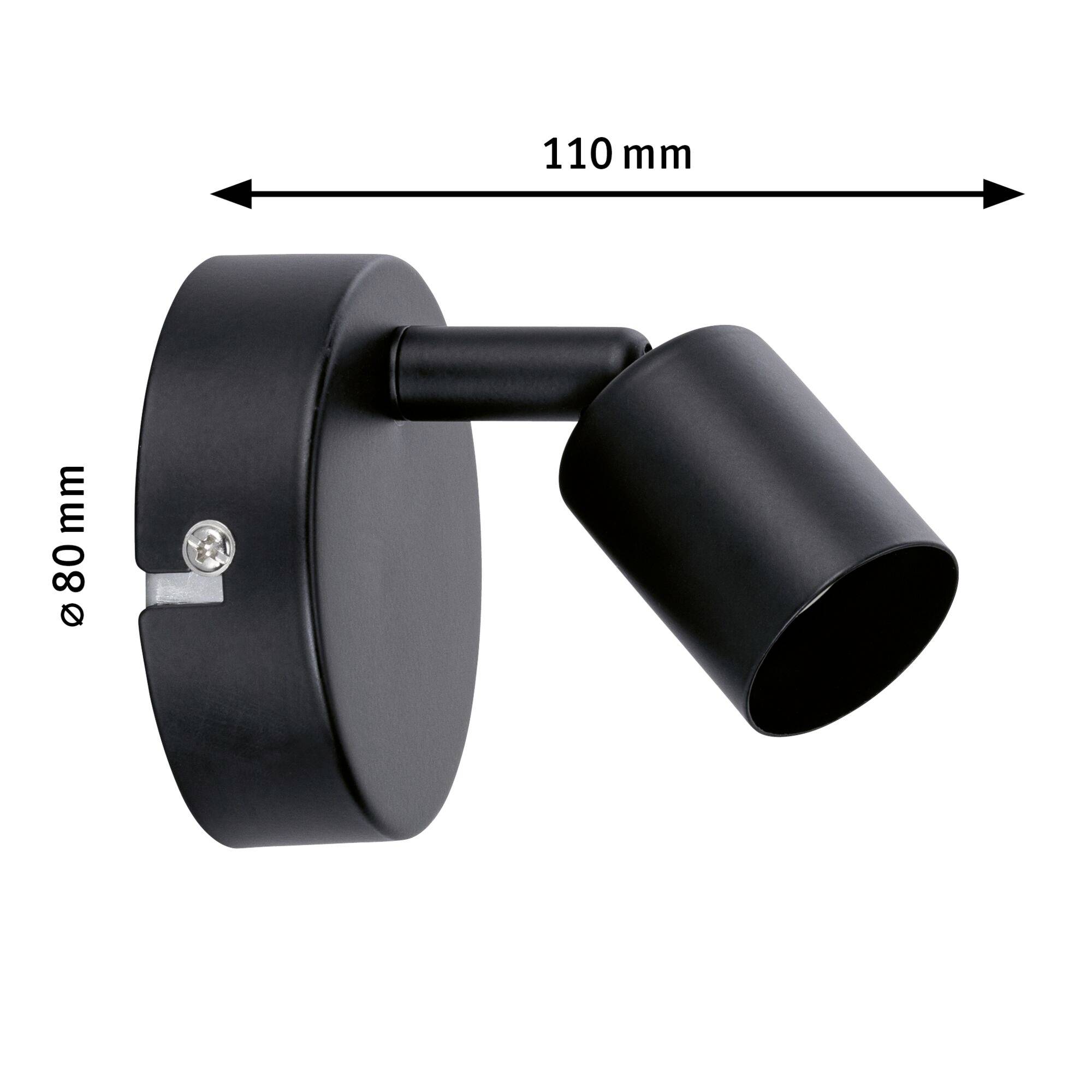 Sort, cylindrisk væglampe med justerbart hoved. Højde 80 mm, dybde 110 mm.