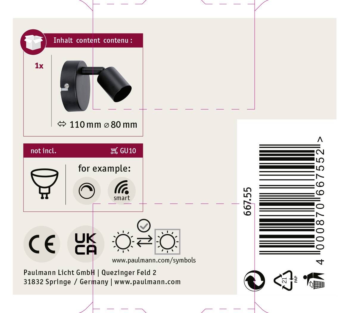 Emballage til LED-spot, 110 mm, GU10-fatning, dæmpbar, energiklasse- og sikkerhedsmærkninger, producentoplysninger.
