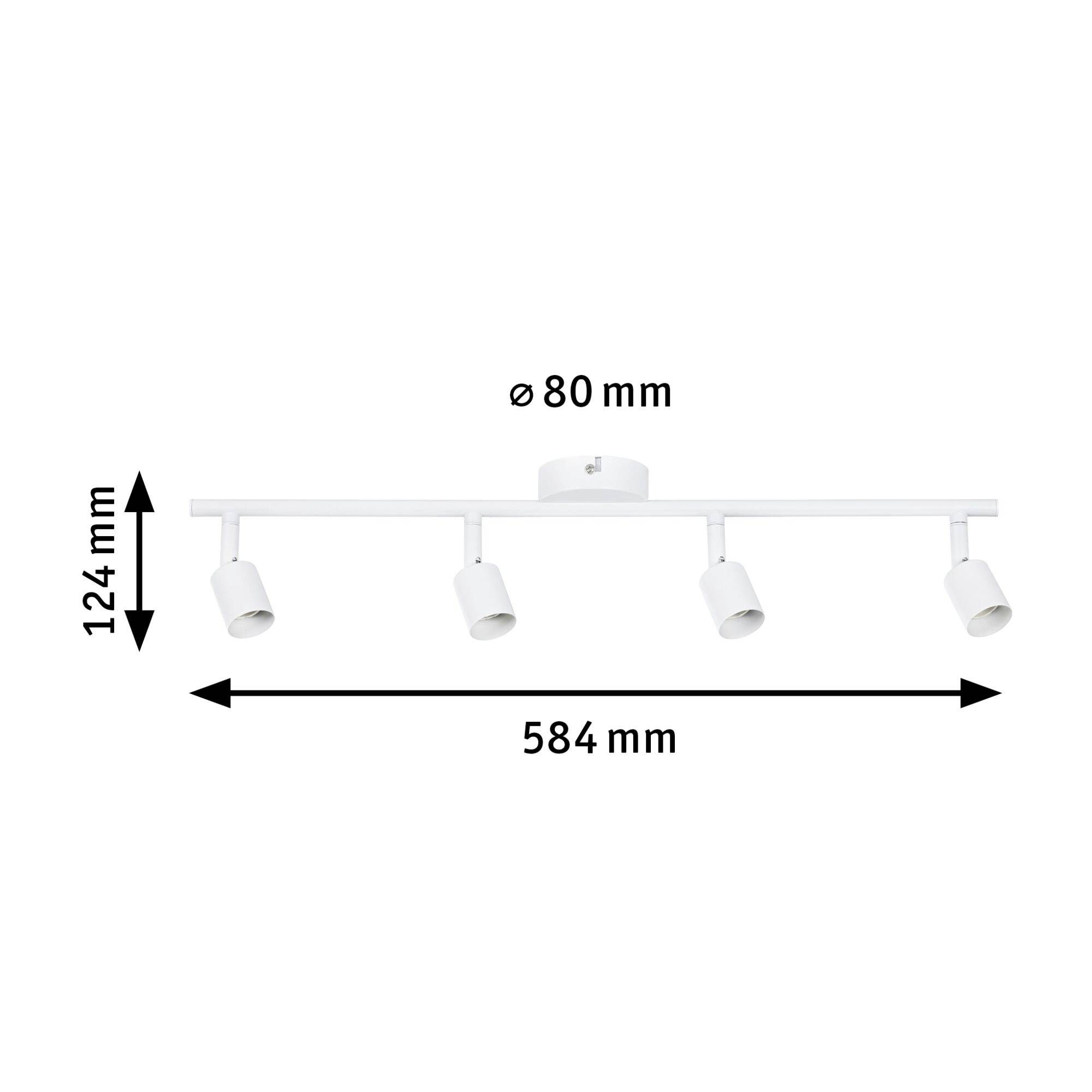 En hvid bjælkespot med fire justerbare lamper. Mål: Bredde 584 mm, højde 124 mm. Loftmontering: Diameter 80 mm.