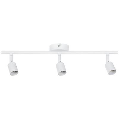 Hvid loftlampe med tre justerbare spots på en ret bjælke. Ideel til retningsbestemt rumbelysning.